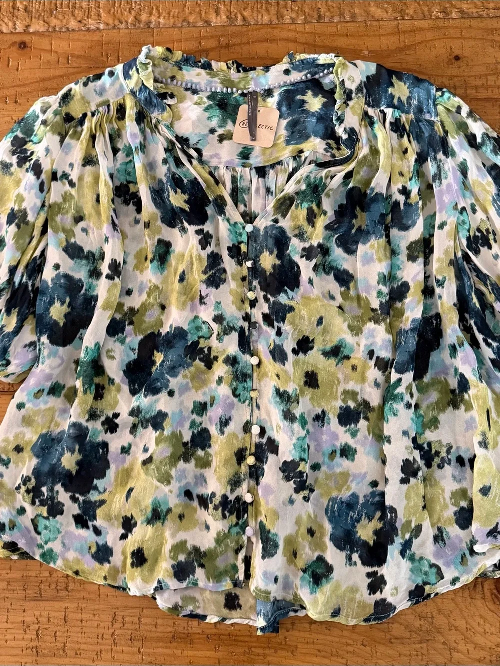 Anthropologie Watercolor Floral Button-Front Blouse in White, Green, Blue